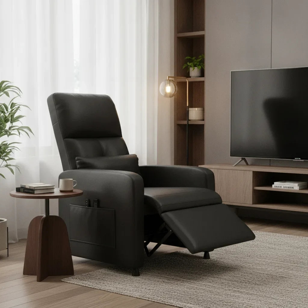 Fauteuil relax chauffant massant Saint-Lunaire noir face à la télévision