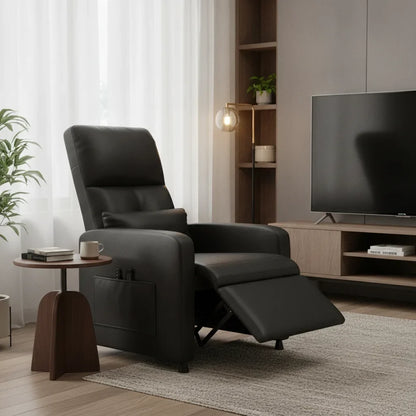 Fauteuil relax chauffant massant Saint-Lunaire noir face à la télévision