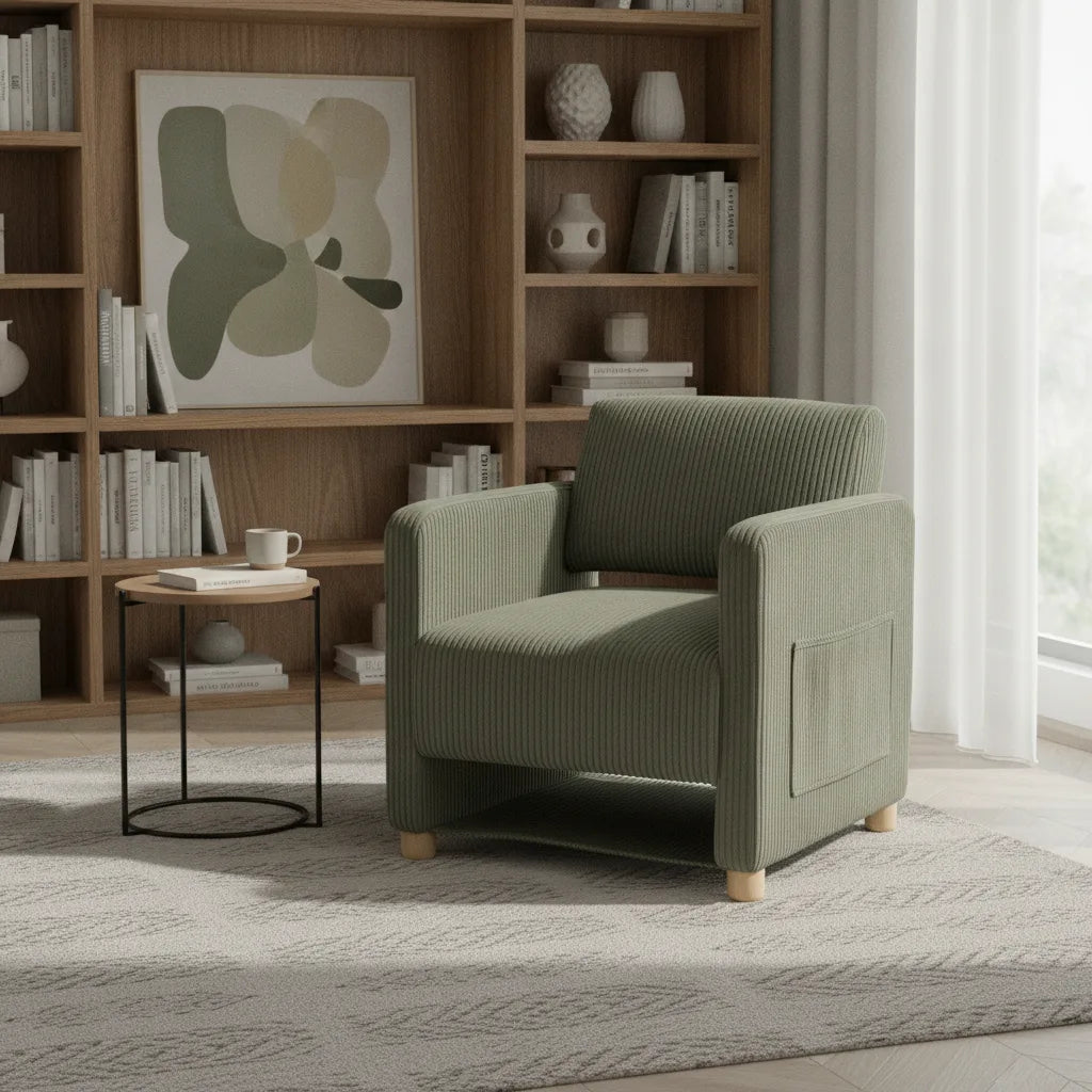 Fauteuil velours côtelé vert devant une bibliothèque