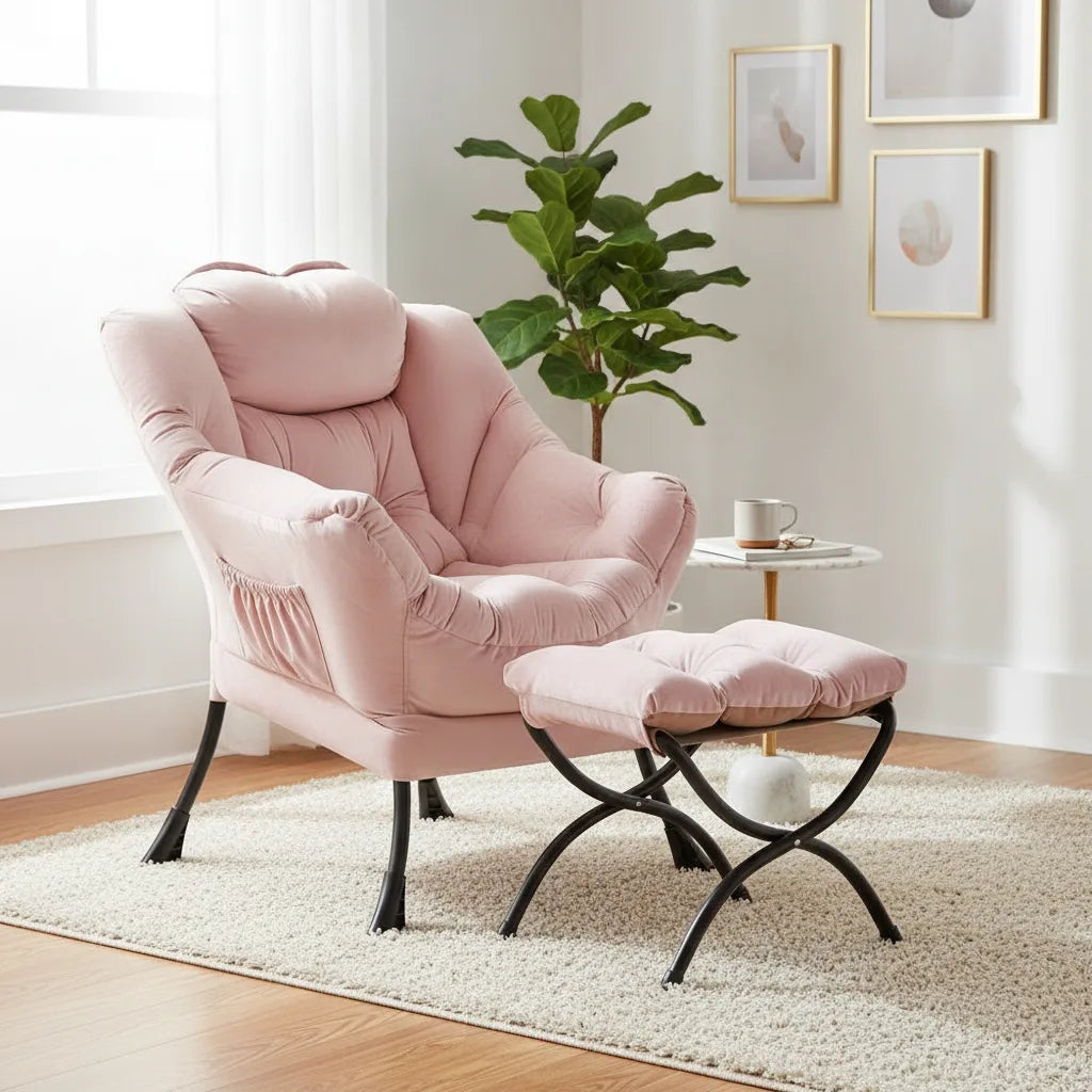 Fauteuil velours rose matelassé avec repose-pieds assorti