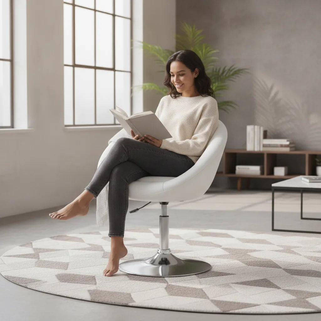 Femme lisant assise dans un fauteuil cocktail blanc pivotant