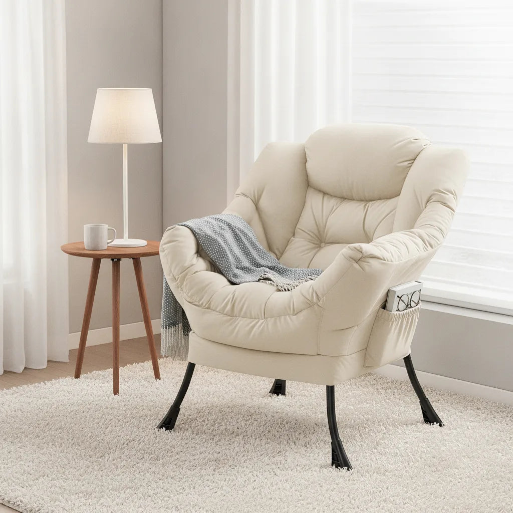 Fauteuil lecture cocooning crème avec plaid et poche latérale