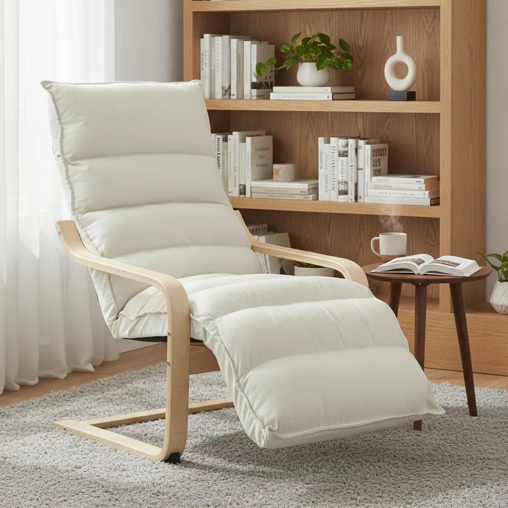 Fauteuil relax scandinave crème repose-pieds déplié dans un coin lecture