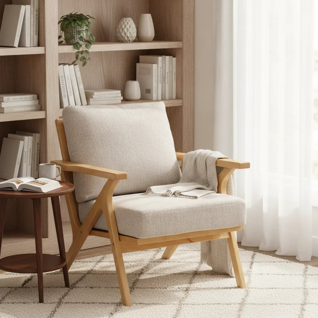 Fauteuil accoudoir bois Crozon dans un coin lecture avec bibliothèque