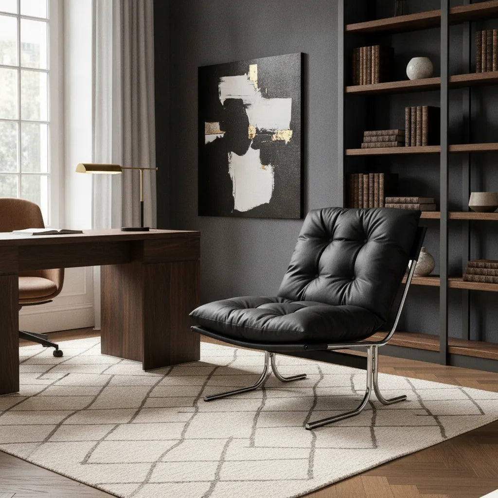 Fauteuil pied chrome Morlaix capitonné noir dans un bureau