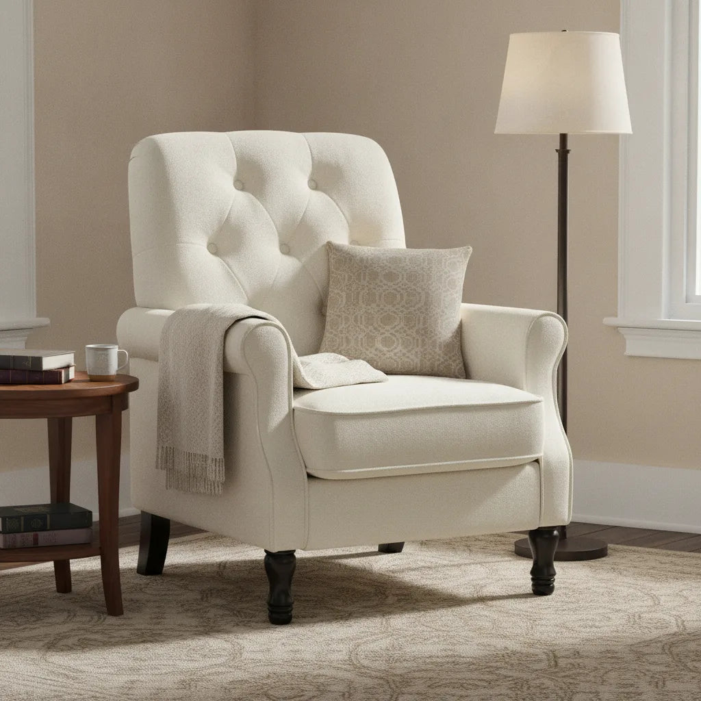 Fauteuil de salon confortable crème avec plaid et coussin, à côté d'un lampadaire