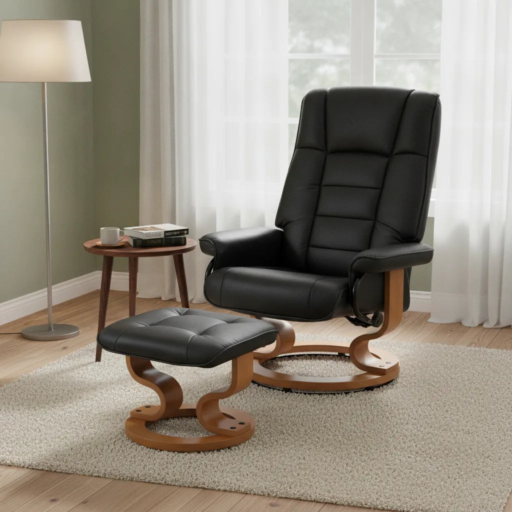 Fauteuil avec pouf Erquy noir base bois pivotante dans un salon