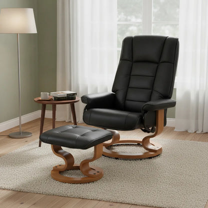 Fauteuil avec pouf Erquy noir base bois pivotante dans un salon