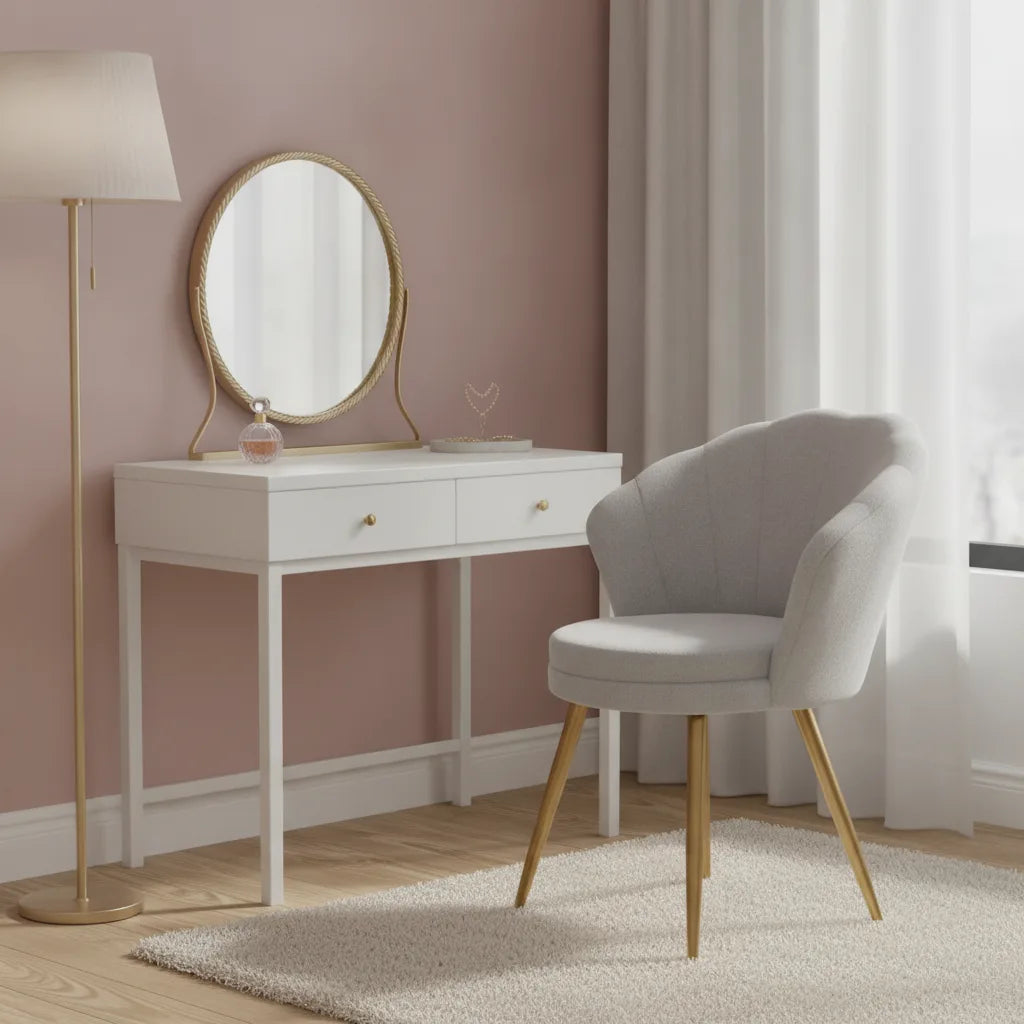Fauteuil coquillage gris perle dans une chambre