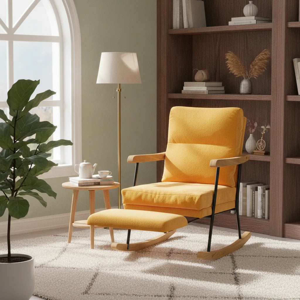 Fauteuil d'allaitement avec repose-pied et patins en bois près d'une bibliothèque