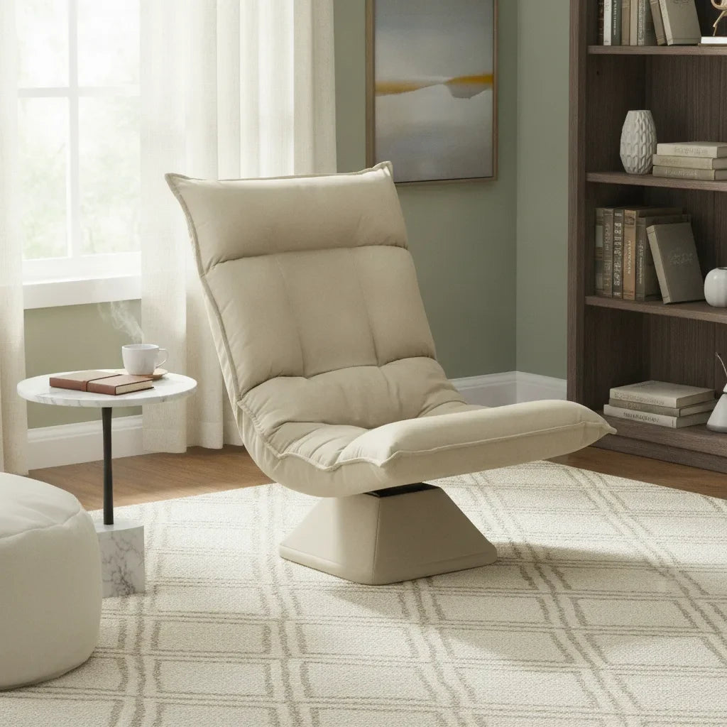 Fauteuil de sol matelassé beige lin dans un coin lecture
