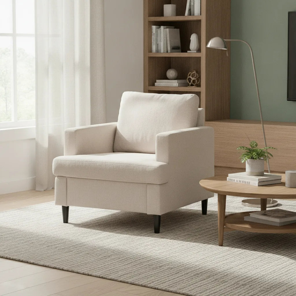 Fauteuil en lin beige près d'une fenêtre et d'une bibliothèque