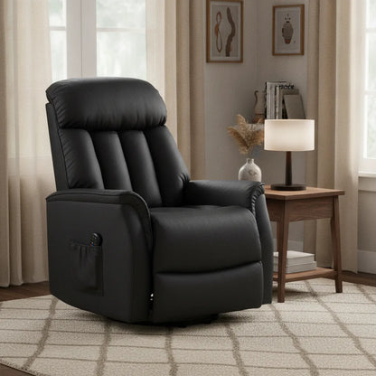 Fauteuil releveur cuir Étel en simili cuir noir dans un coin lecture