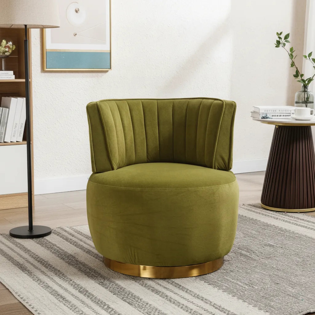 Fauteuil pivotant velours Vert Olive au dossier plissé dans un salon