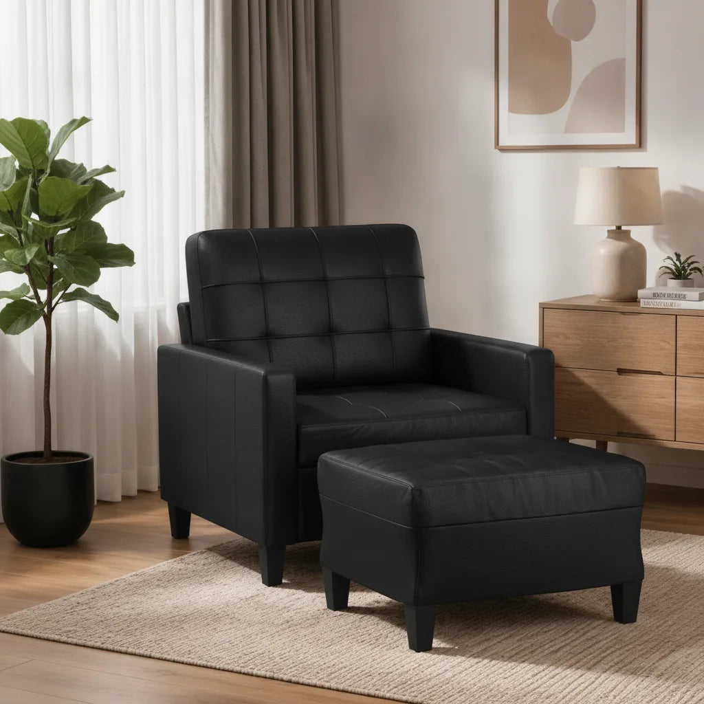 Fauteuil club cuir noir avec repose-pieds assorti