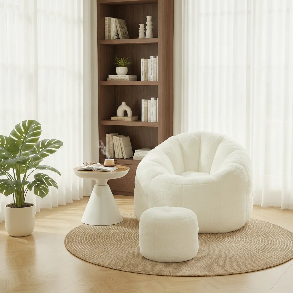 Fauteuil moelleux cocon et son pouf sur un tapis rond