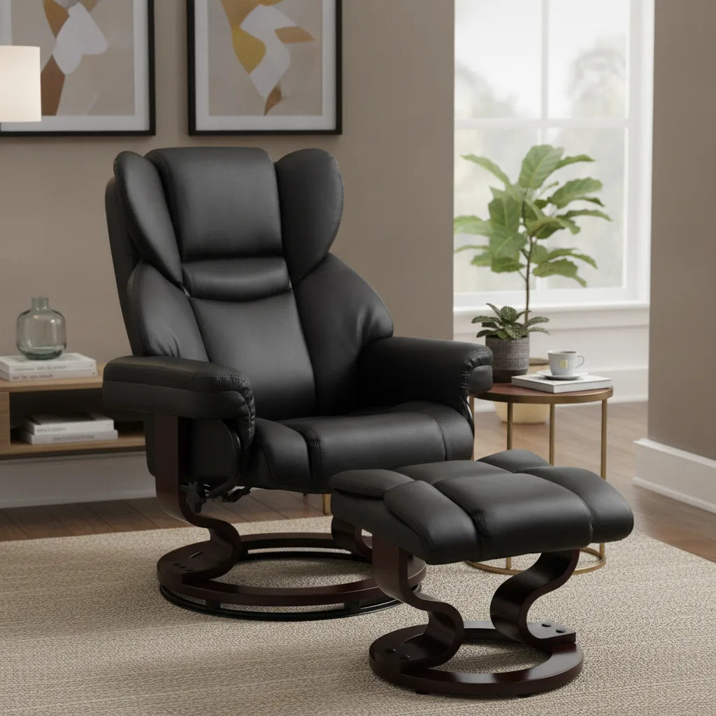 Fauteuil relax cuir moderne noir et son repose-pieds sur un tapis