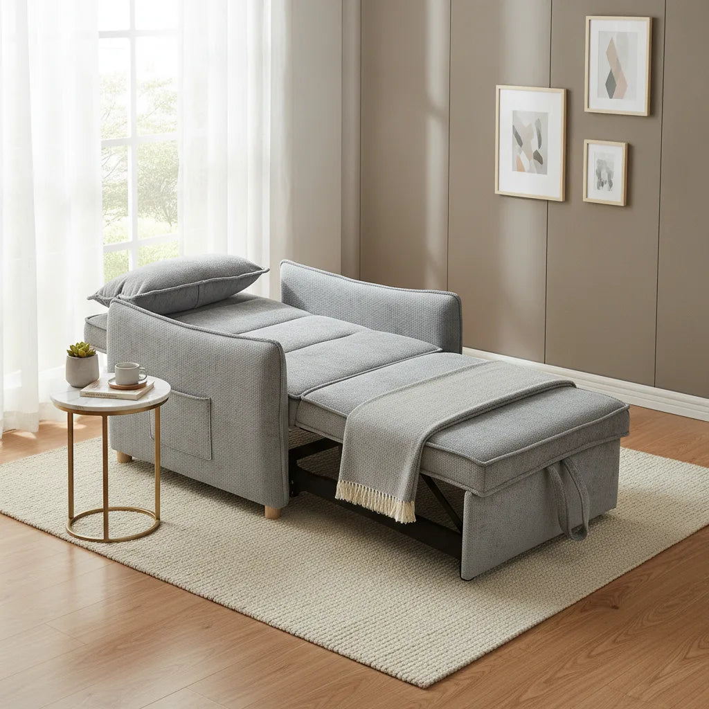 Fauteuil en chenille déplié en lit d'appoint avec plaid