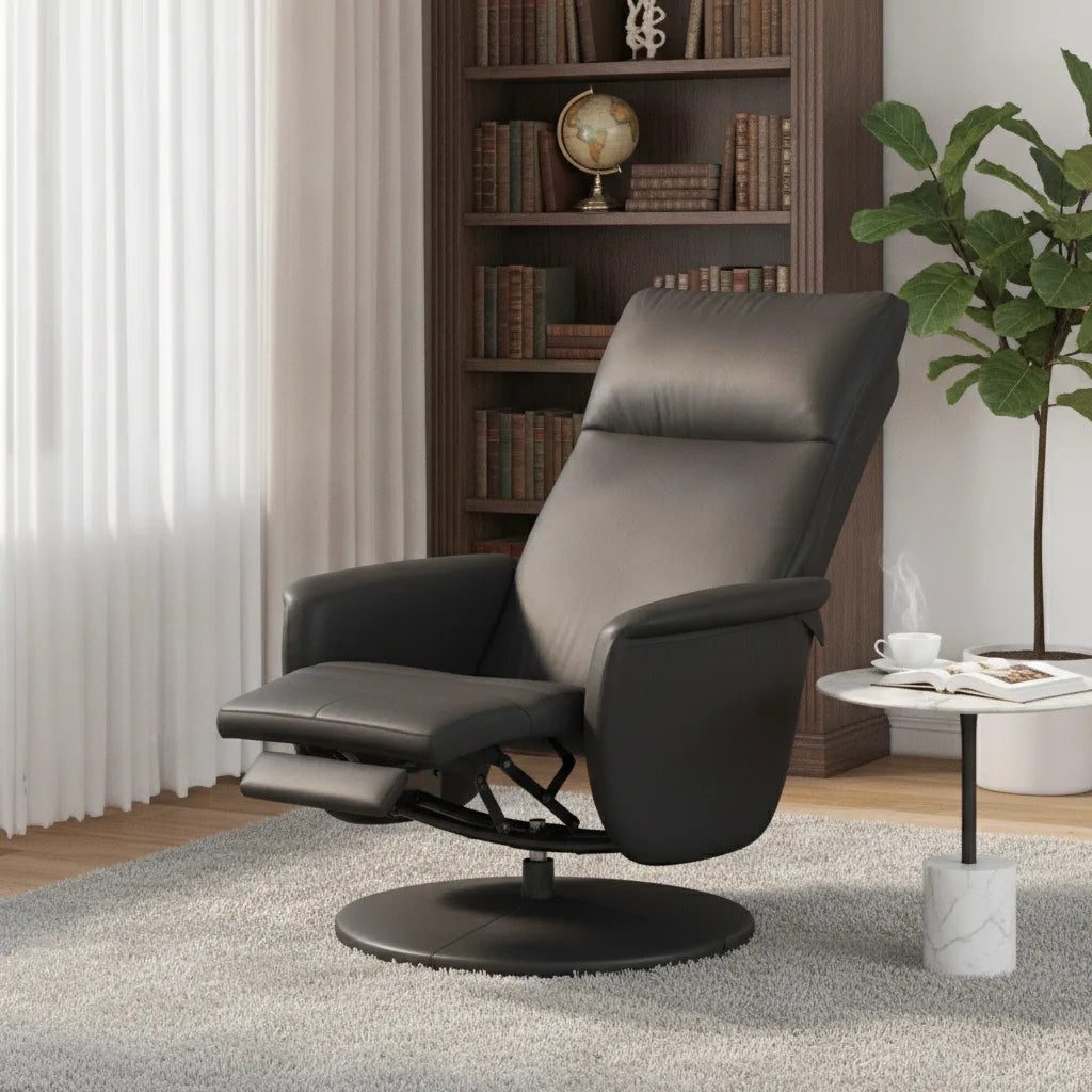 Fauteuil inclinable cuir noir incliné avec repose-jambes sorti