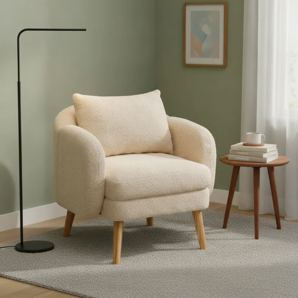 Fauteuil teddy pieds bois massif dans un coin lecture