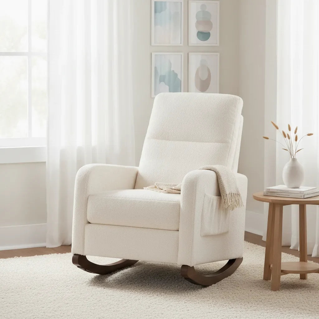 Fauteuil de lecture confortable blanc capitonné avec patins en bois près d'une fenêtre