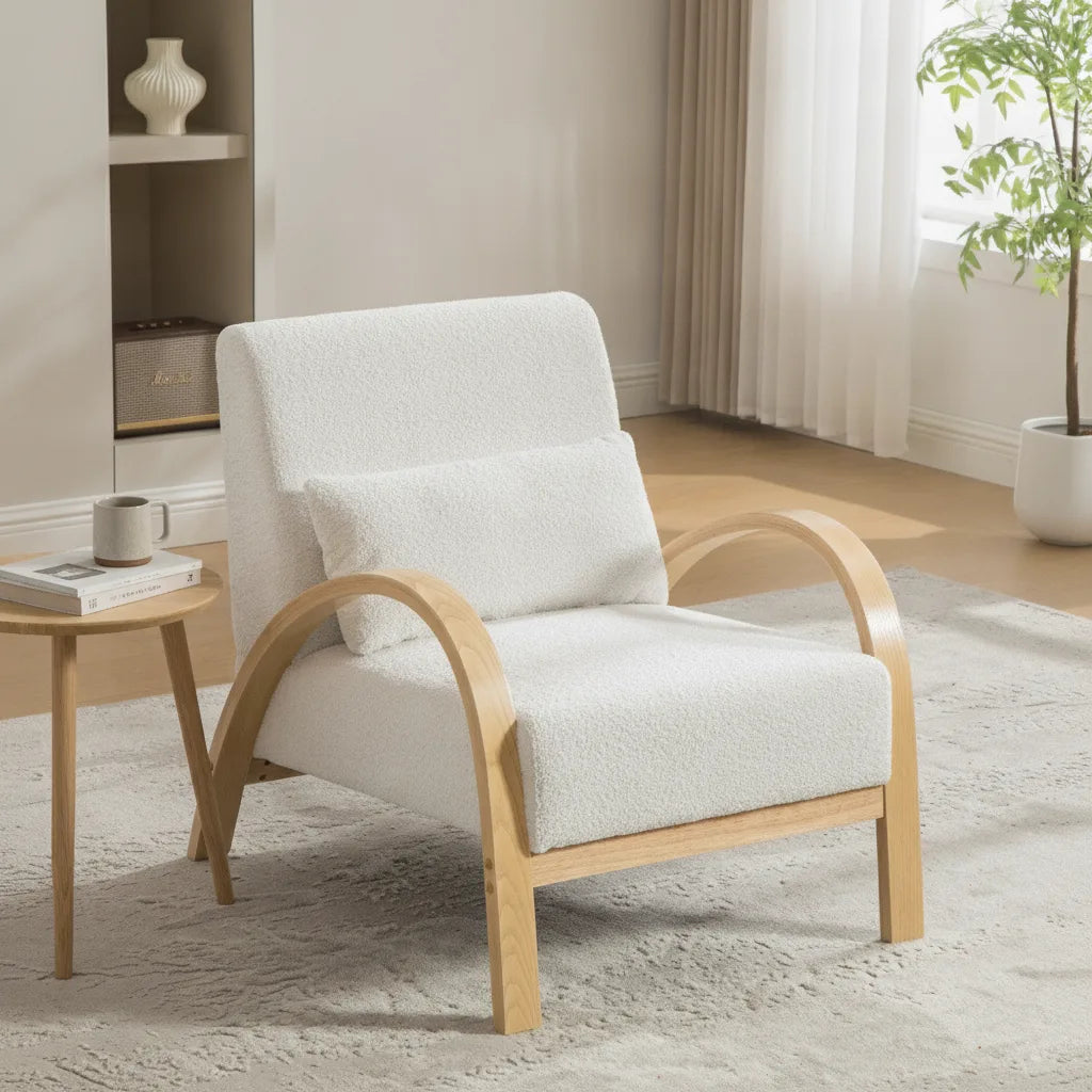 Fauteuil de salon scandinave blanc ivoire en chenille avec coussin lombaire