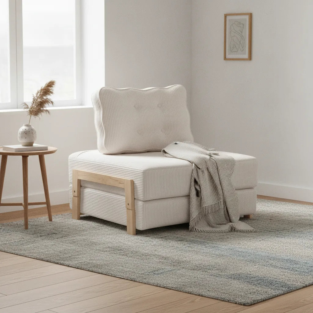 Fauteuil lit pliant Groix beige lin avec plaid dans une chambre