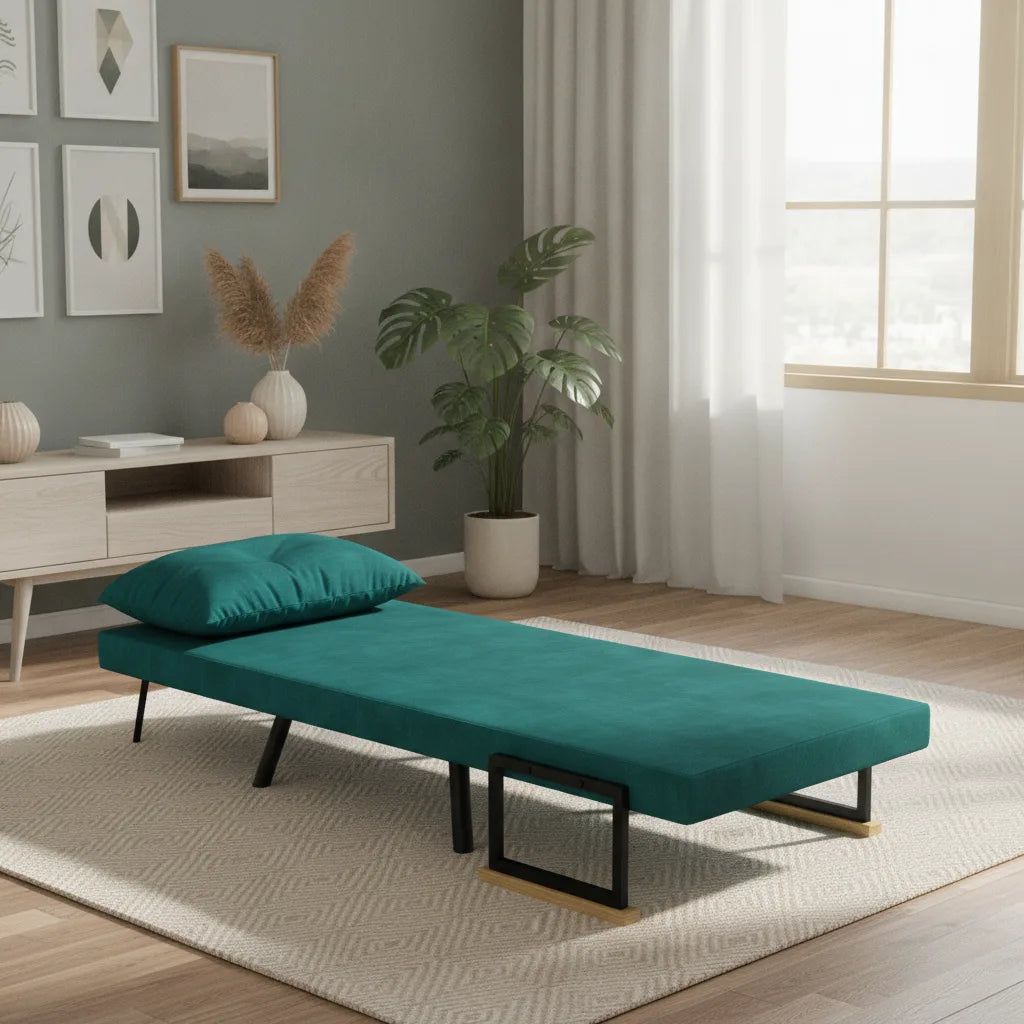 Fauteuil convertible réglable déplié en lit d'appoint sur un tapis