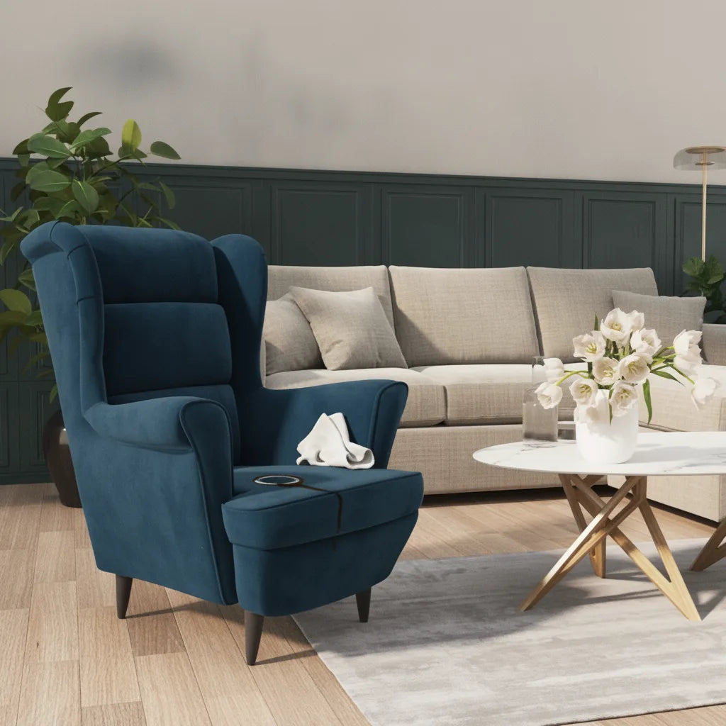 Fauteuil velours bleu avec plaid dans un salon moderne