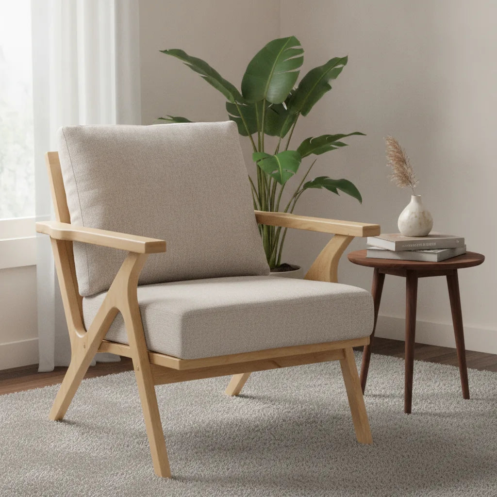 Fauteuil accoudoir bois Crozon style mid-century dans un salon