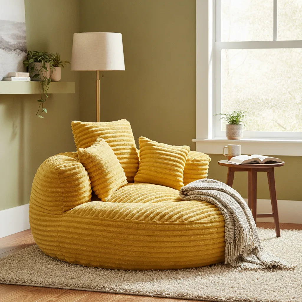 Fauteuil paresseux jaune moutarde avec coussins près d'un lampadaire