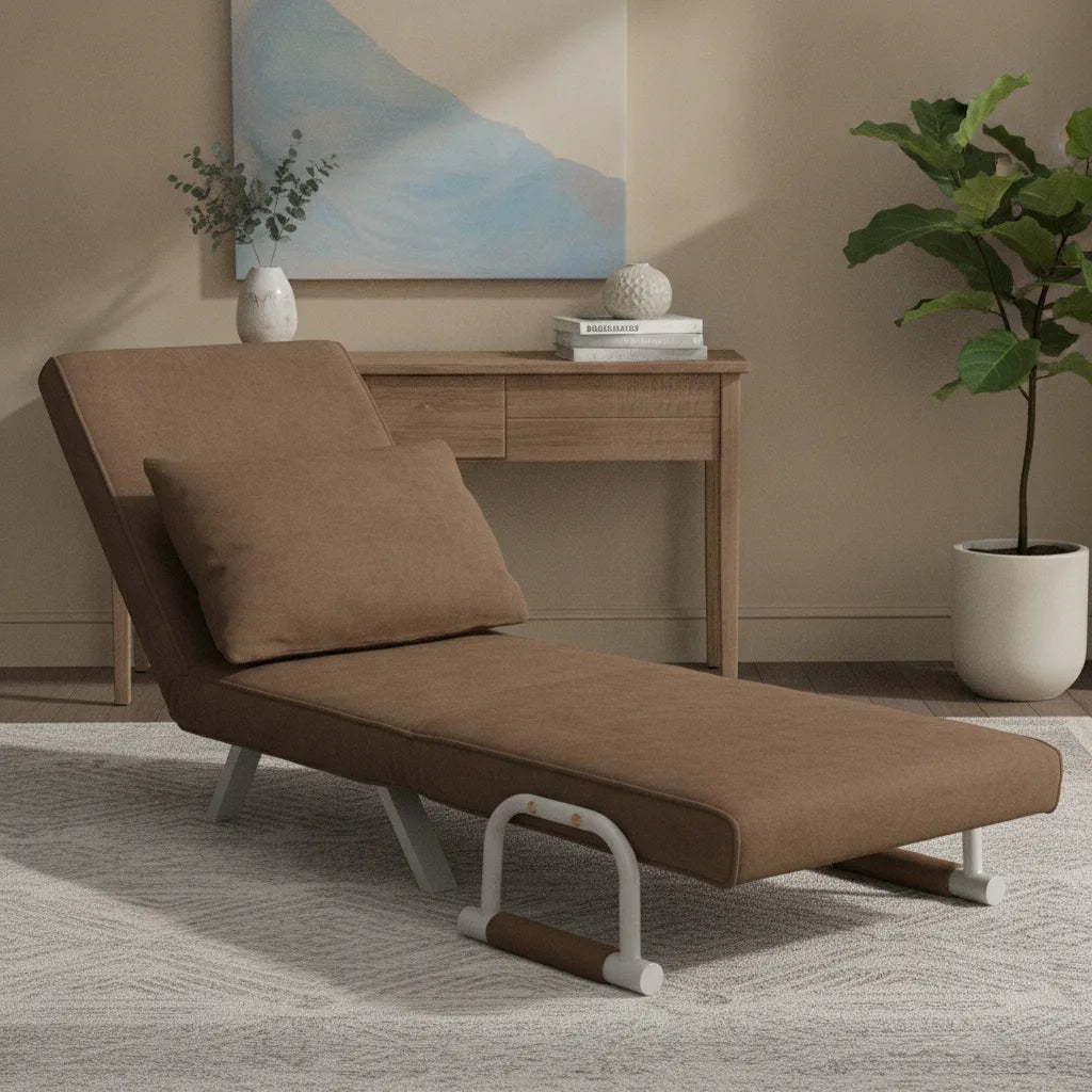 Fauteuil en daim marron déplié en lit d'appoint sur un tapis