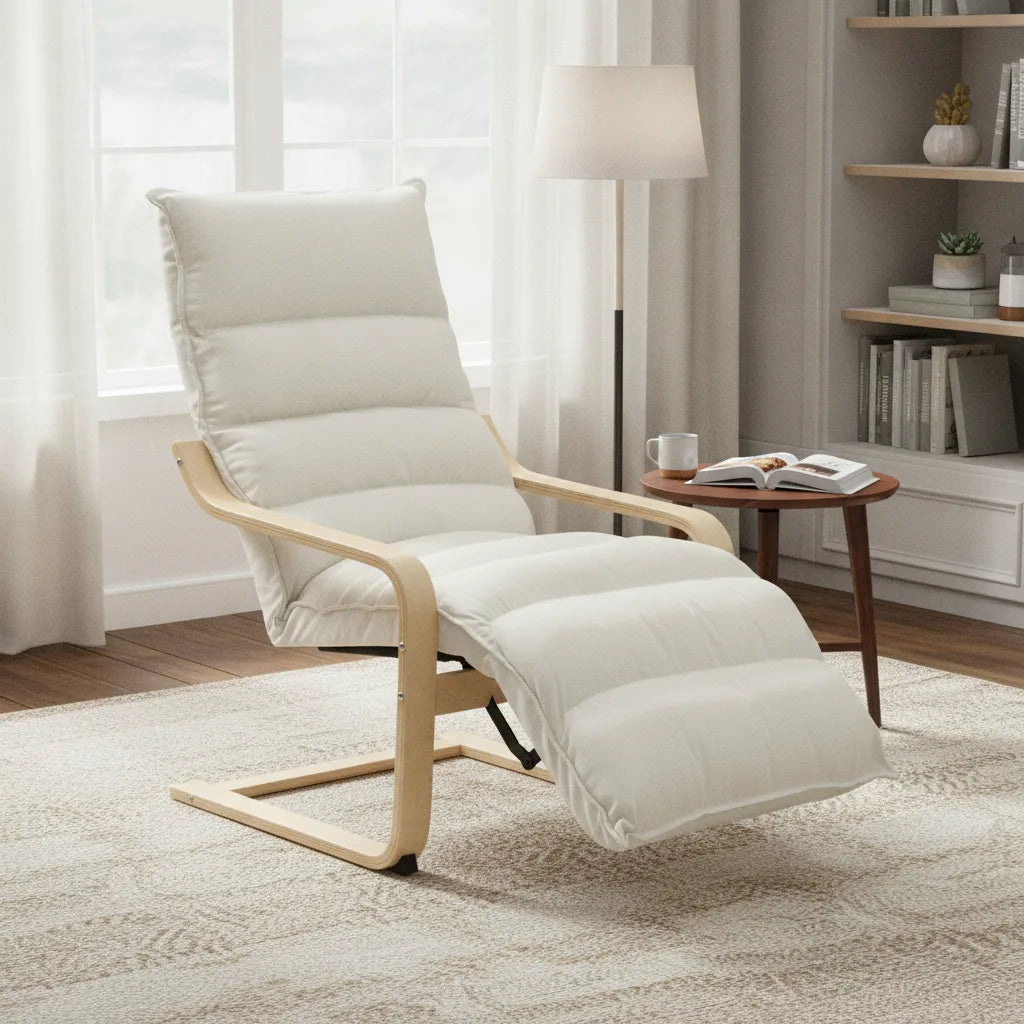 Fauteuil relax scandinave en bois clair et velours près d'un lampadaire
