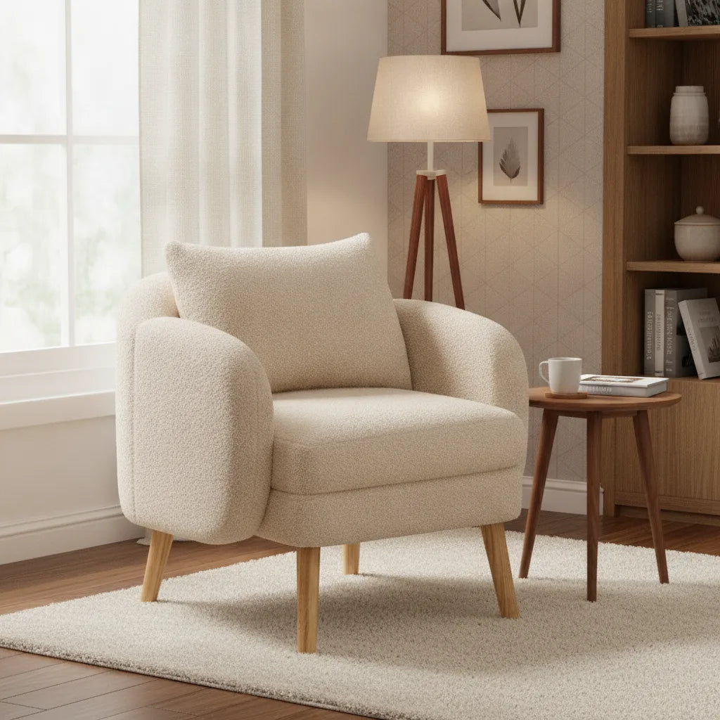 Fauteuil teddy beige dans un salon cosy avec lampadaire