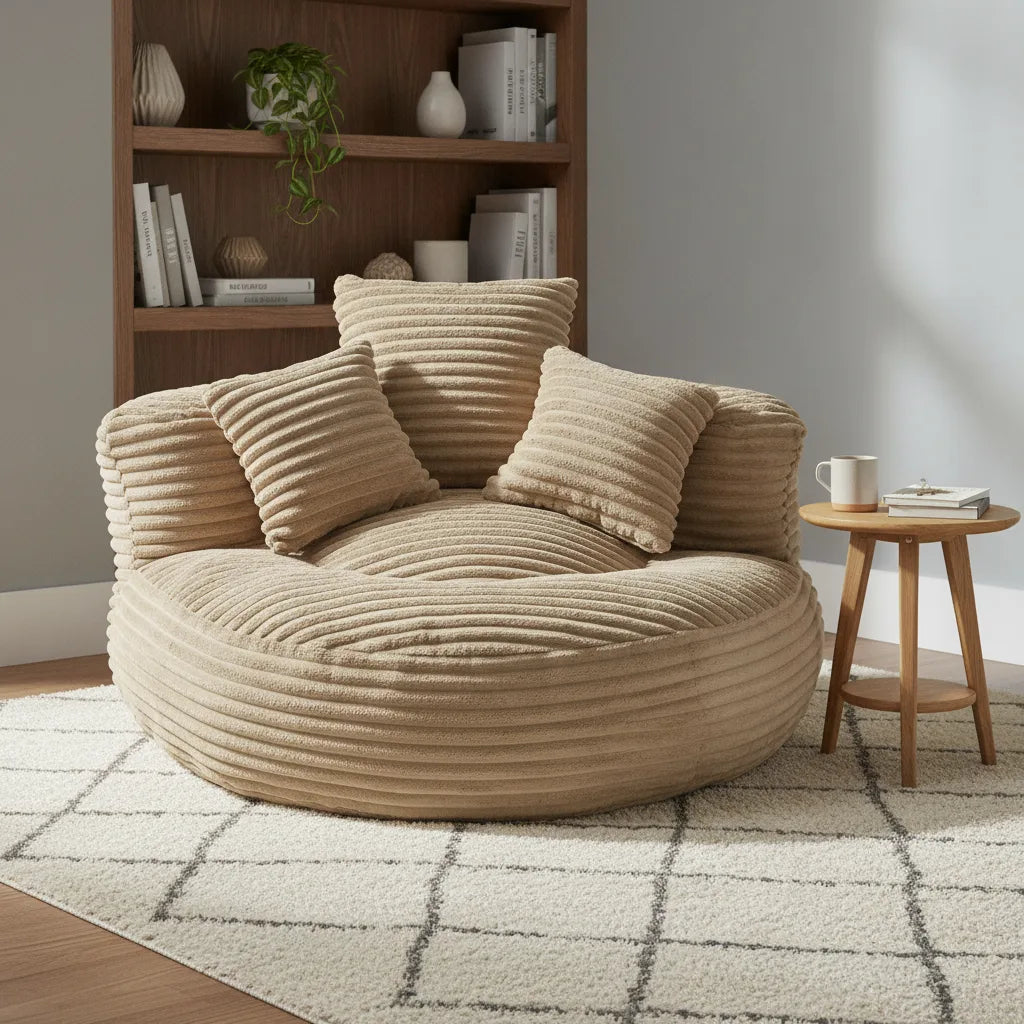 Fauteuil paresseux rond en velours côtelé beige dans un coin lecture