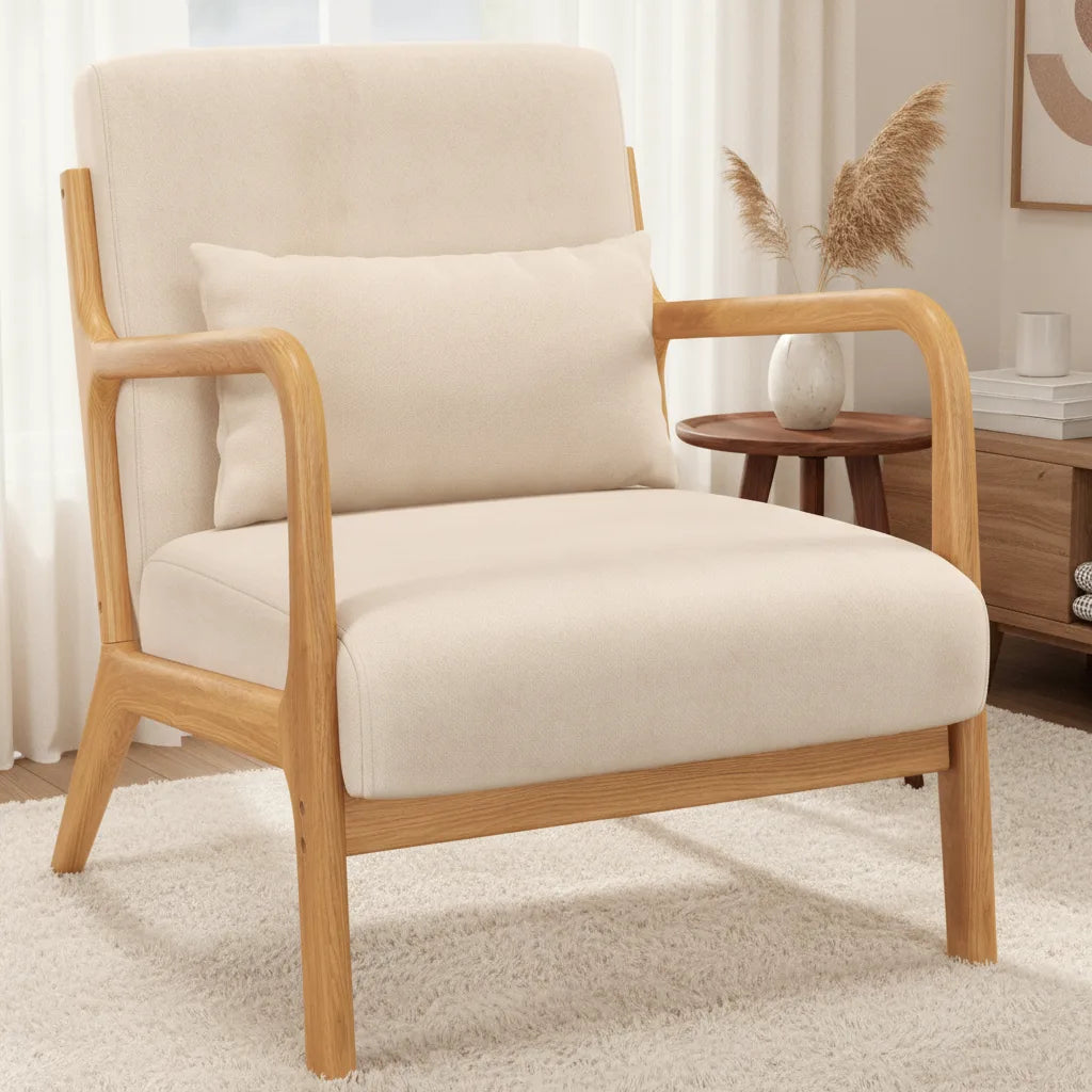 Fauteuil japandi beige accoudoirs bois courbés