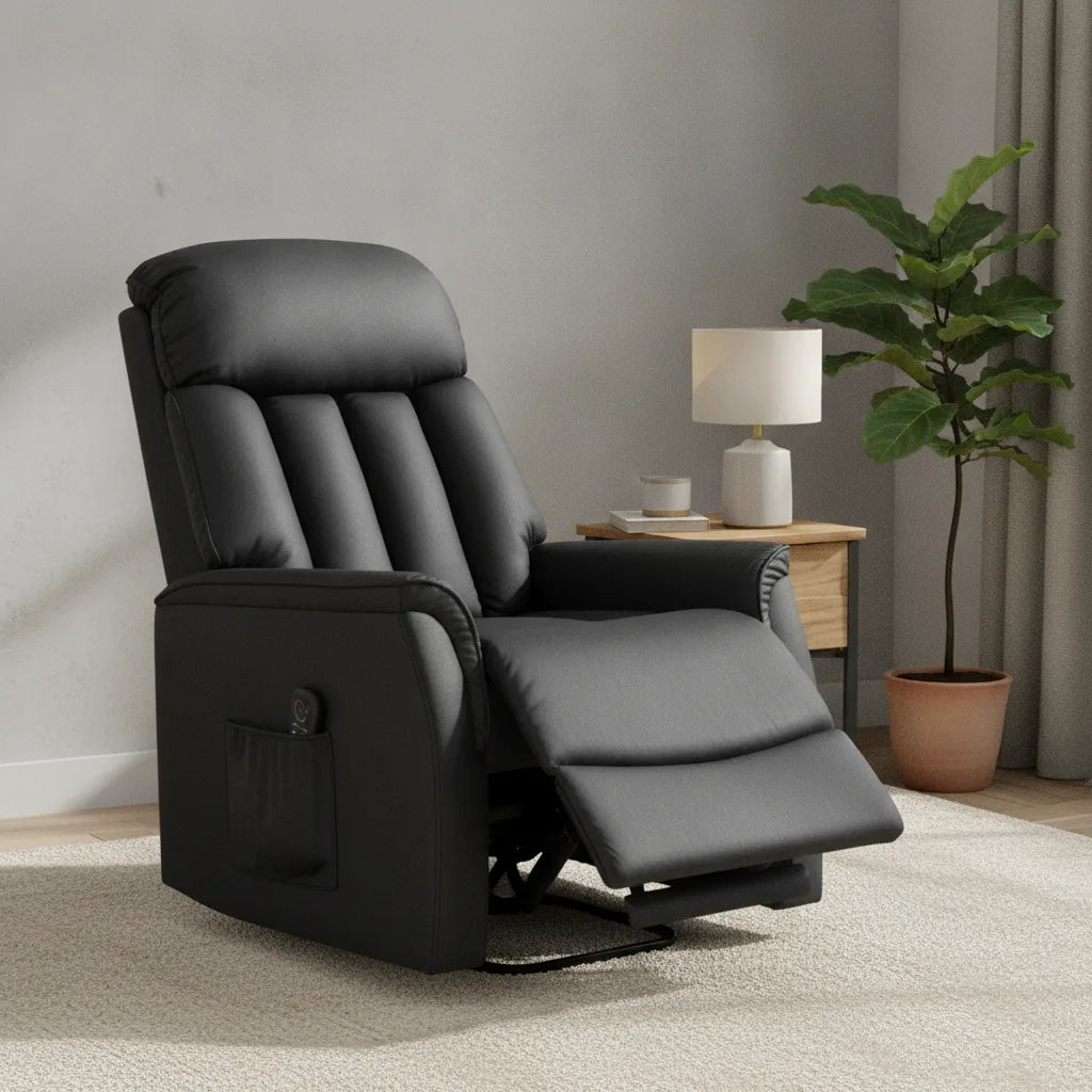 Fauteuil releveur cuir Étel noir en position détente dans un salon lumineux