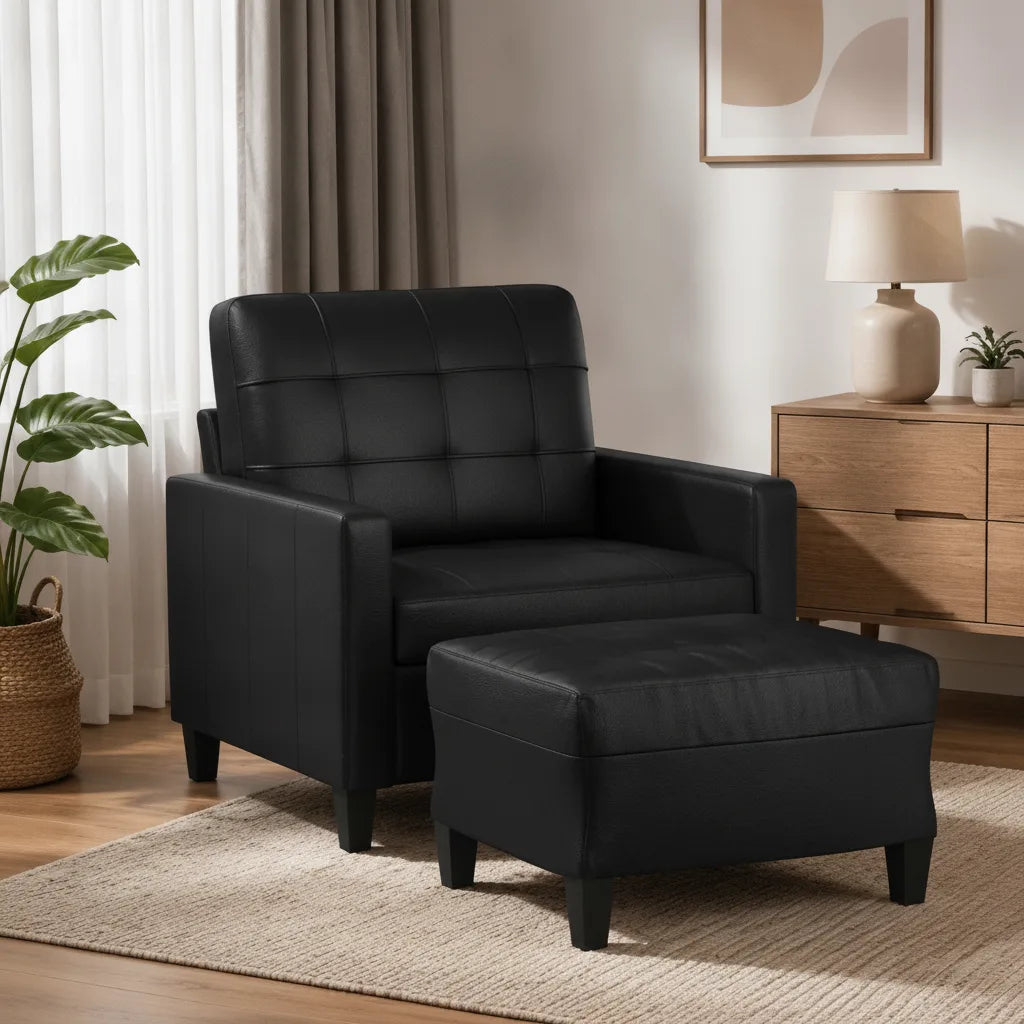 Fauteuil club cuir noir dans un salon moderne