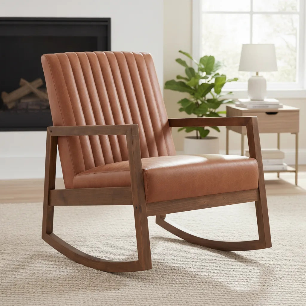 Rocking chair cuir Pornic style vintage près d'une cheminée