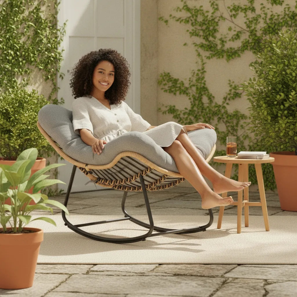 Fauteuil à bascule jardin Plouha coussin gris sur une terrasse