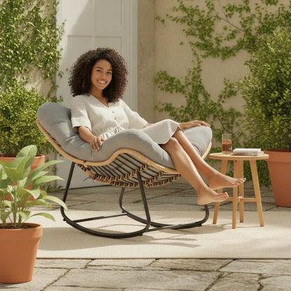 Fauteuil à bascule jardin Plouha coussin gris sur une terrasse