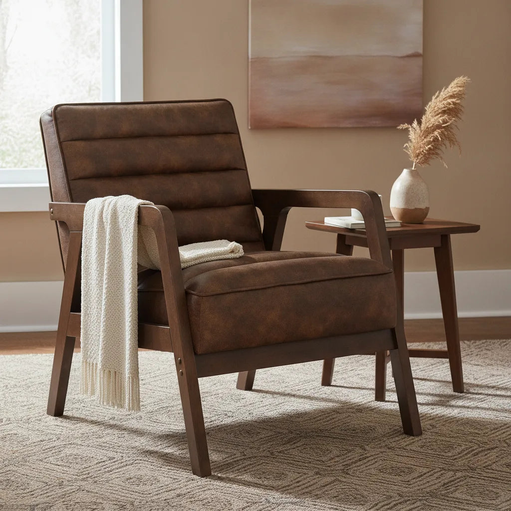 Fauteuil cuir marron vintage avec plaid dans un salon