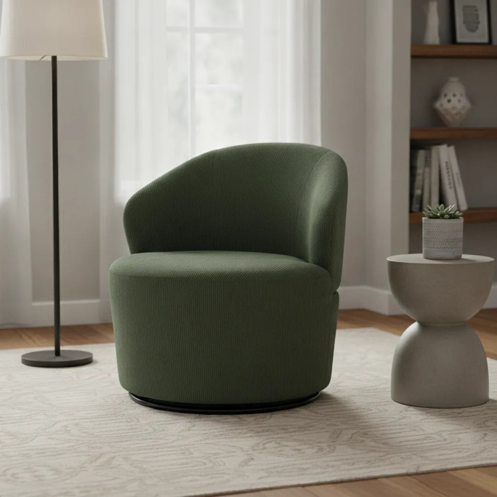 Fauteuil pivotant vert sapin Bénodet dans un coin lecture