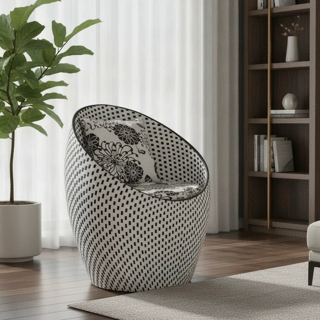 Fauteuil oeuf rotin blanc moucheté dans un coin lecture