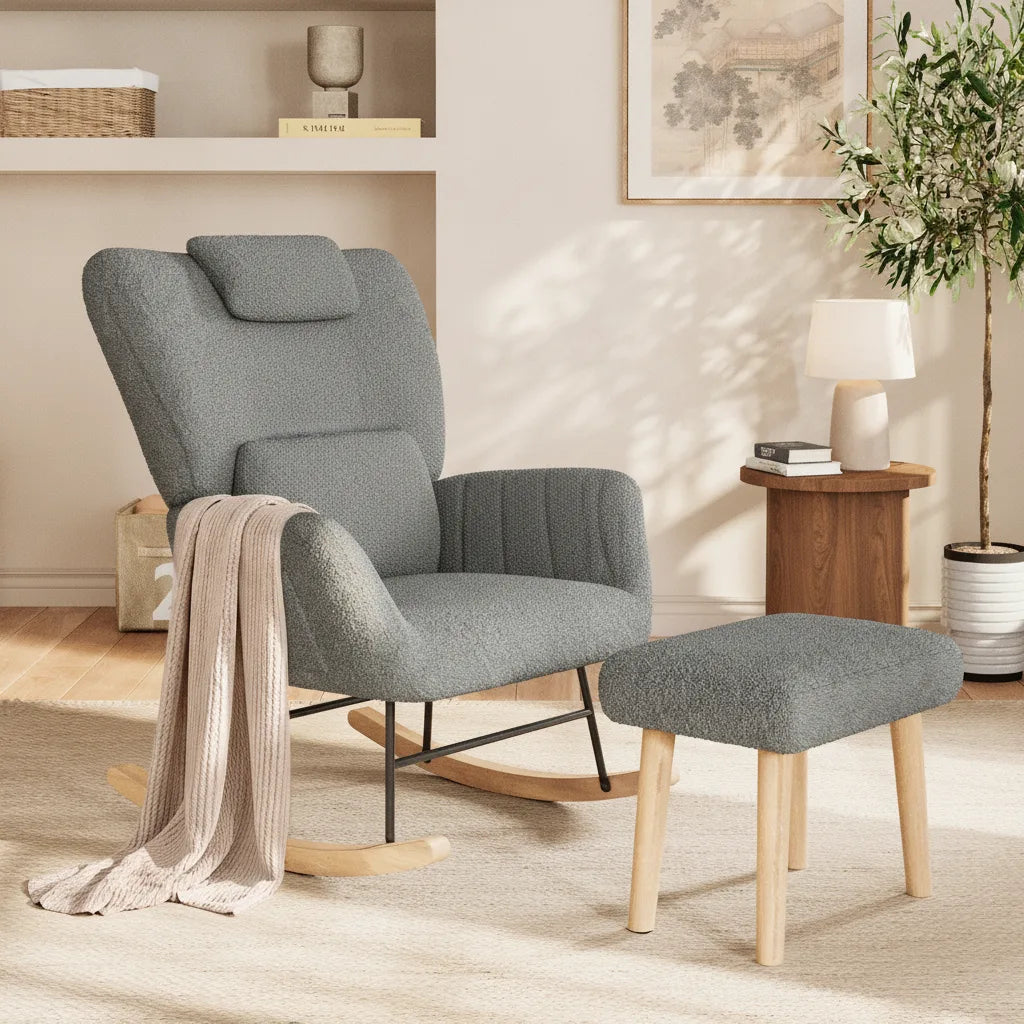 Fauteuil à bascule gris avec appui-tête et repose-pieds assorti