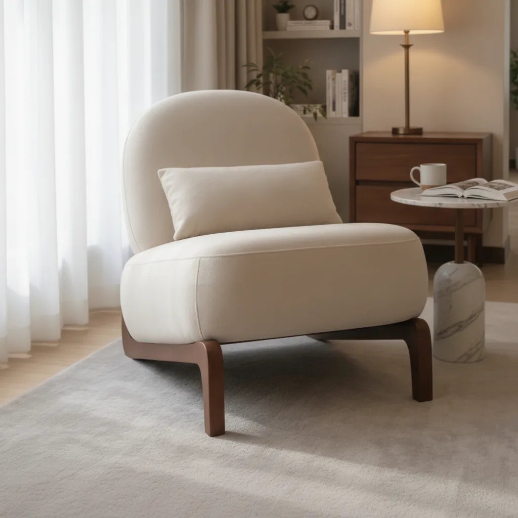 Chauffeuse velours avec coussin lombaire et piètement bois
