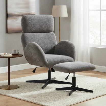 Fauteuil pivotant avec repose pied en tissu bouclé gris dans un coin lecture