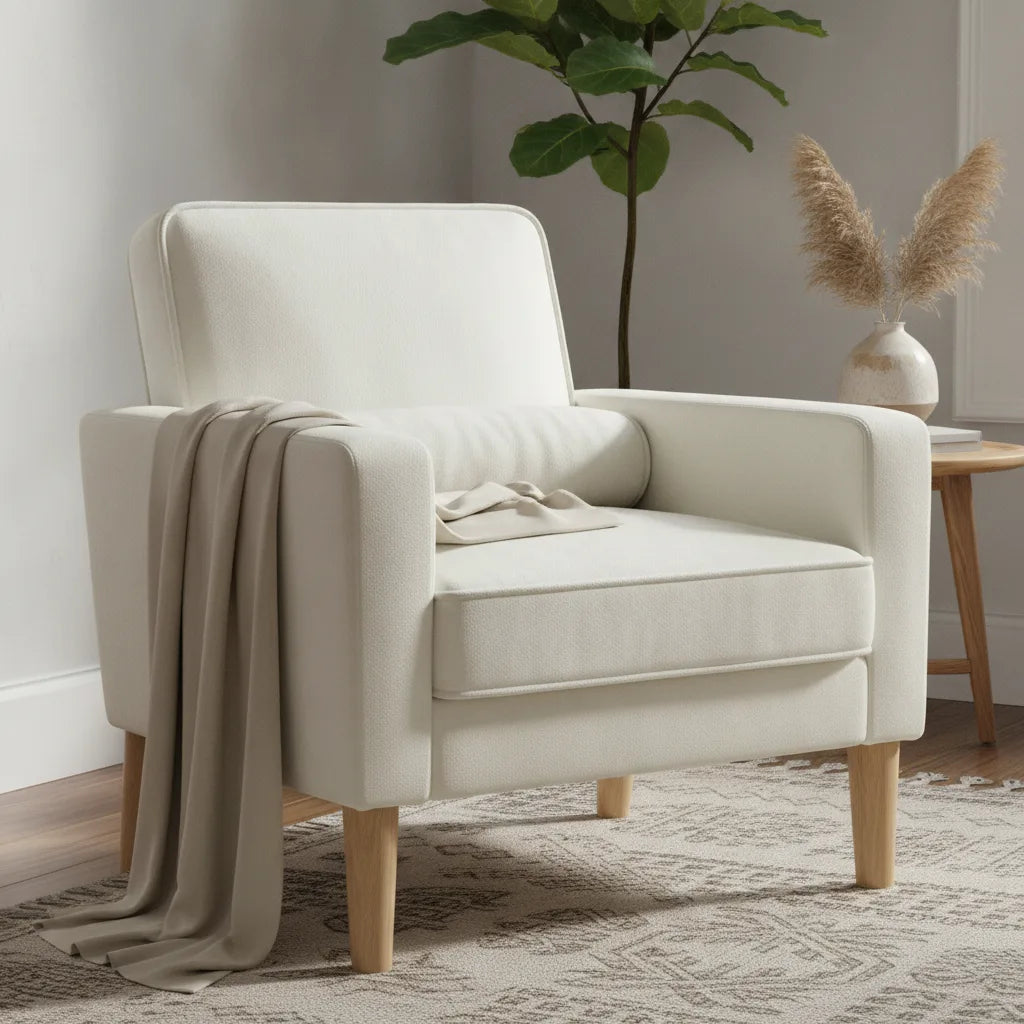 Fauteuil crème avec plaid dans un salon cosy