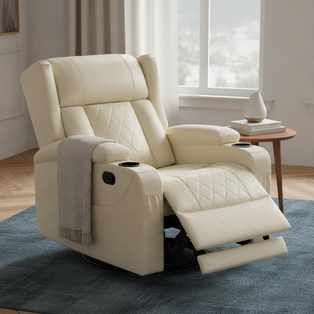 Fauteuil home cinéma Carantec beige incliné avec repose-pieds déployé
