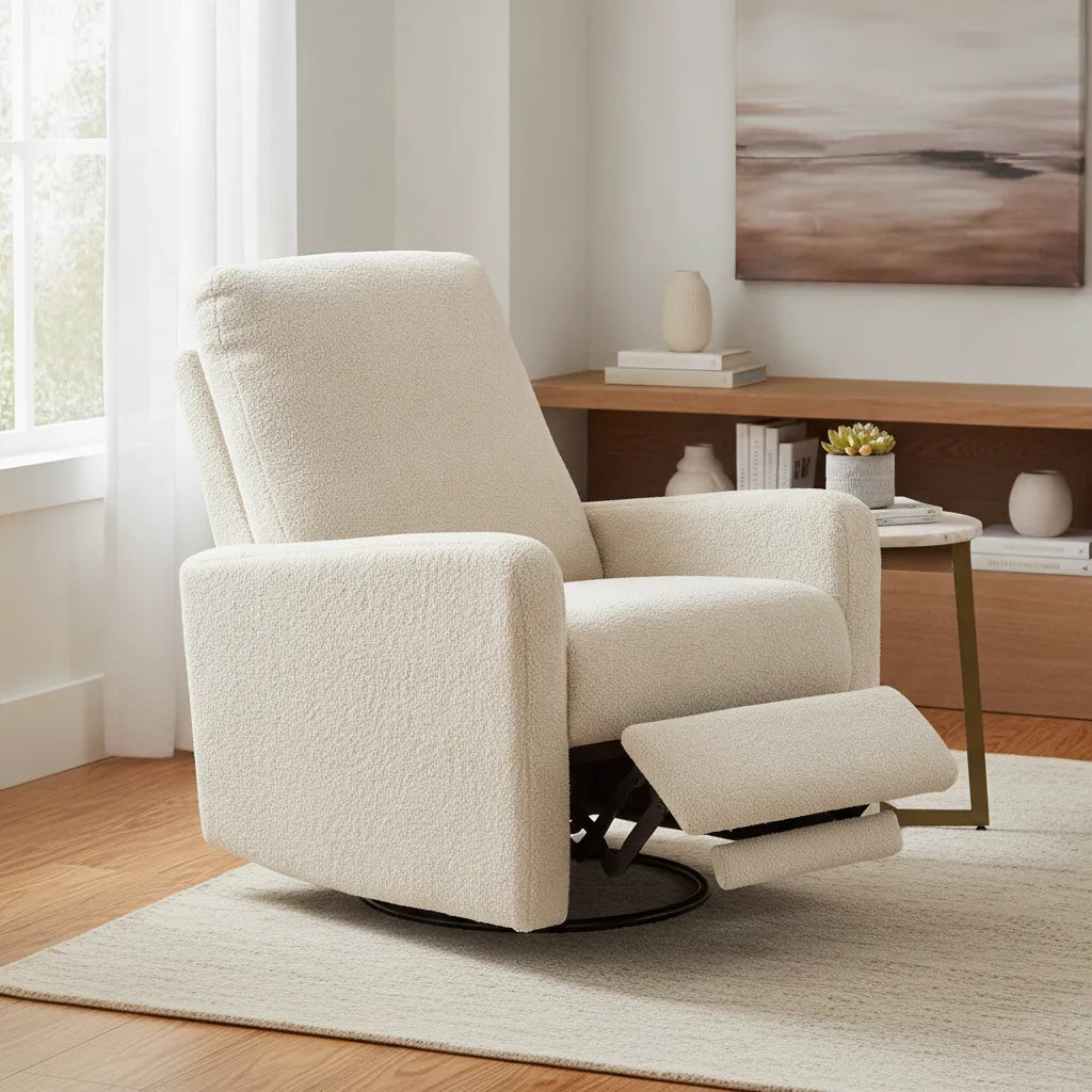 Fauteuil relax beige incliné dans un salon moderne